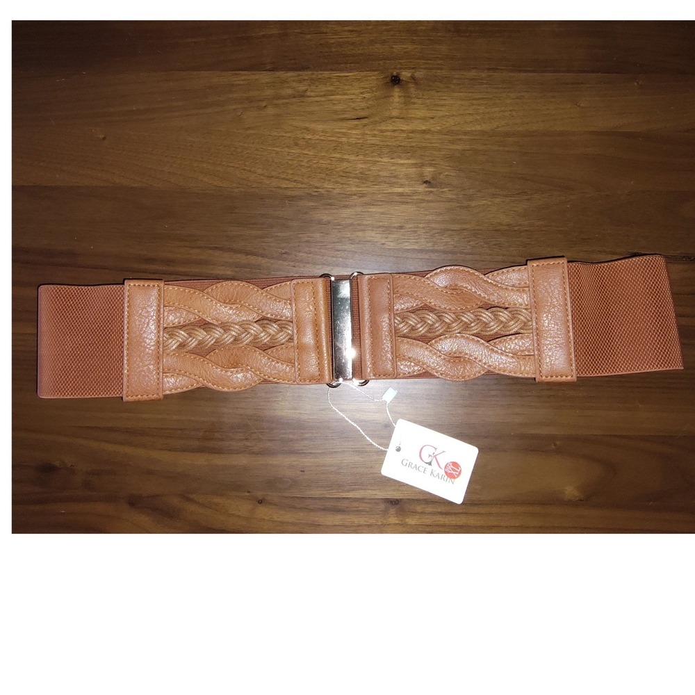 Grace Karin Womens Wide Elastic Cinch Belt Braided Faux Leather Brown XL NWT